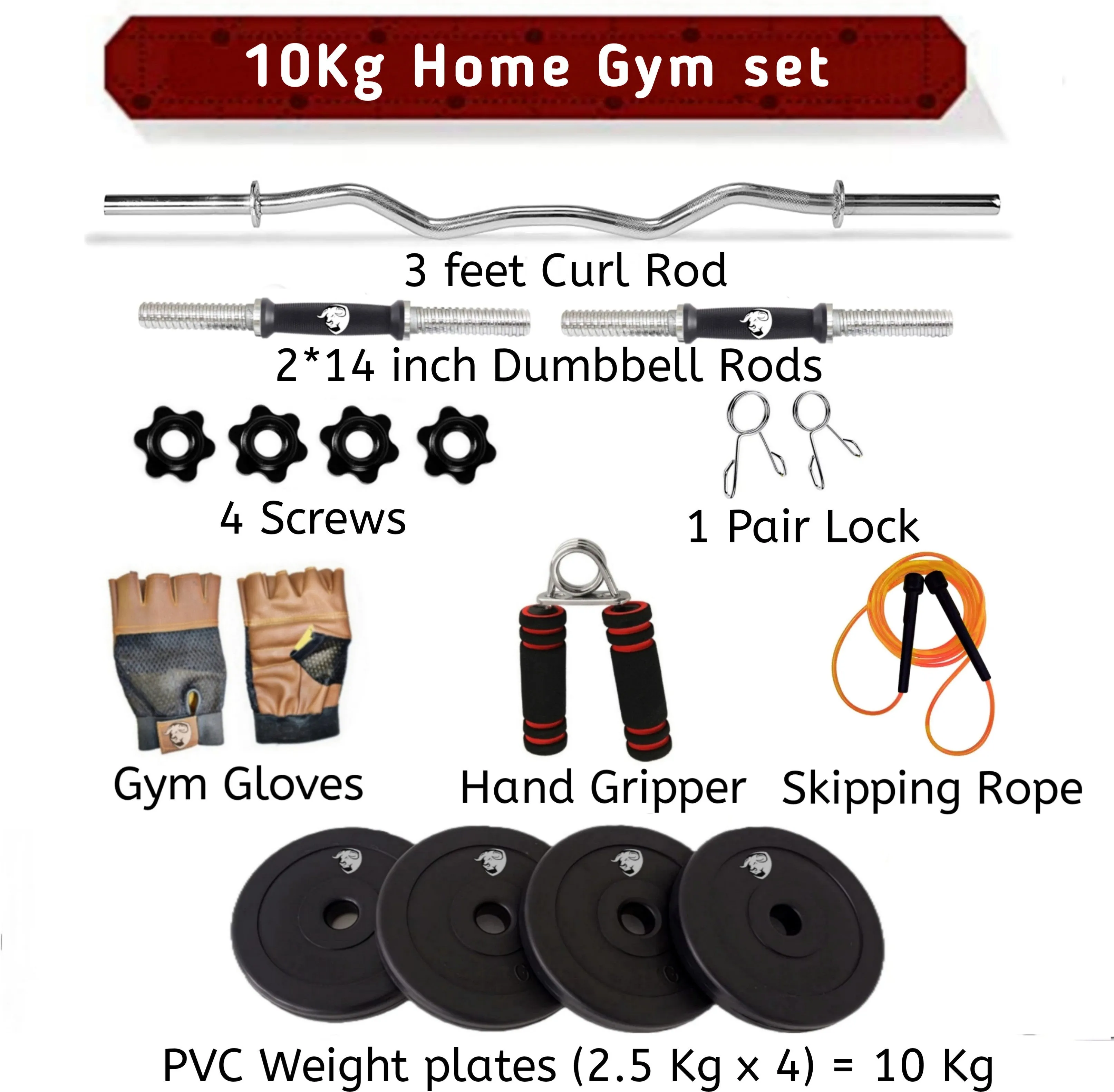 10KG Home Gym Kit  | Home Gym Equipments | Home Gym with 3ft Curl Rod   One Pair Dumbbell Rods | Home Gym Combo | PVC Weight Plates | Exercise Set | Home Gym Kit with Accessorie