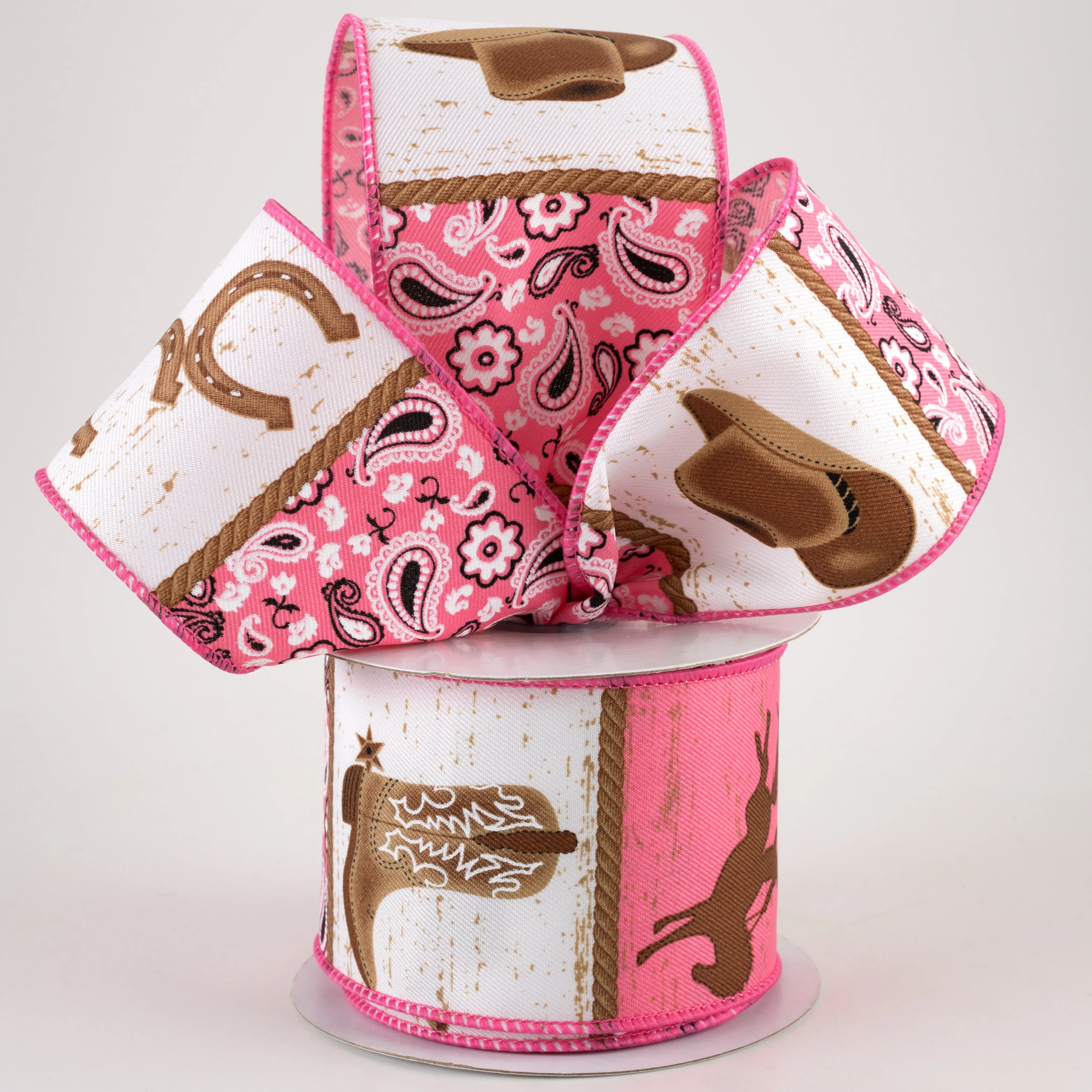 2.5" Cowboy Western Blocks Ribbon: Pink & Brown (10 Yards)