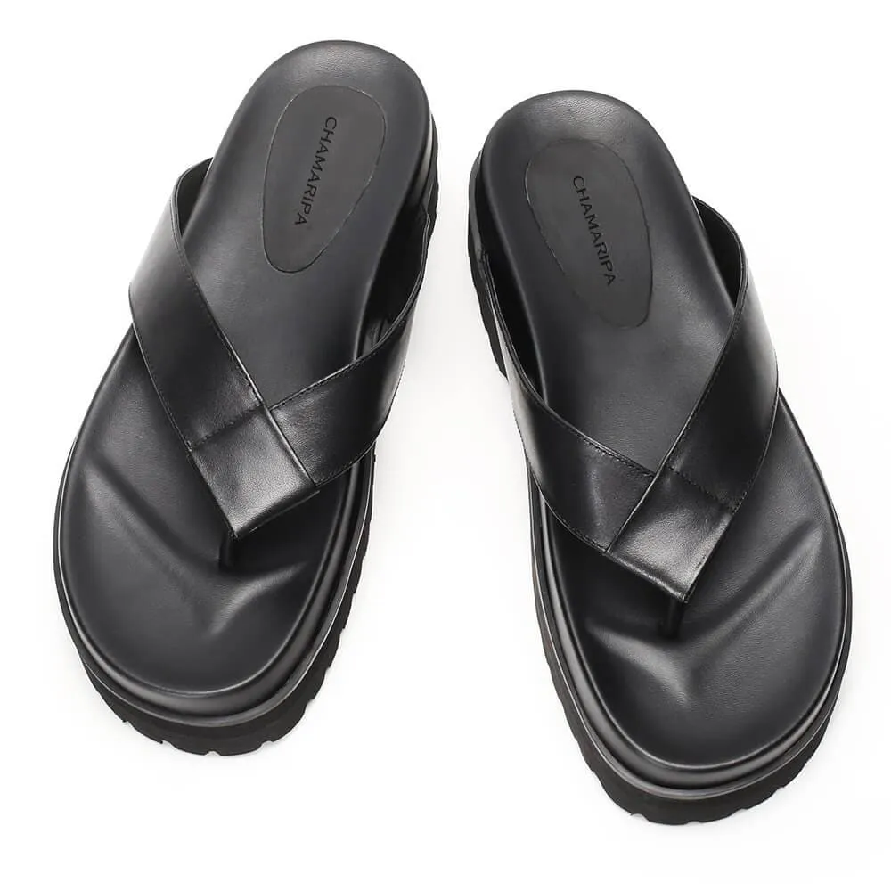 6 CM / 2.36 Inches Taller - CMR CHAMARIPA Black Leather Elevator Sandals Comfort High Heel Flip Flop Sandals