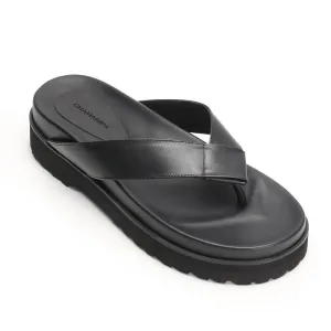 6 CM / 2.36 Inches Taller - CMR CHAMARIPA Black Leather Elevator Sandals Comfort High Heel Flip Flop Sandals