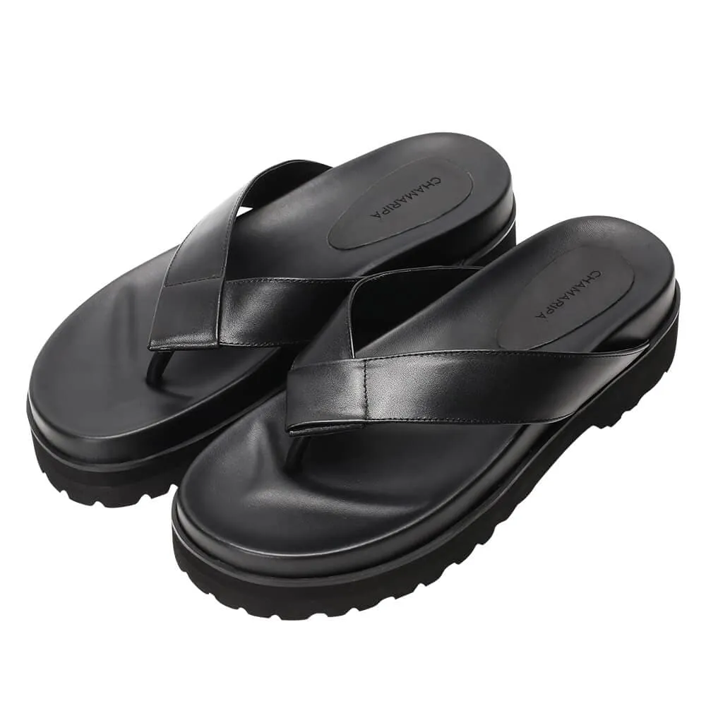 6 CM / 2.36 Inches Taller - CMR CHAMARIPA Black Leather Elevator Sandals Comfort High Heel Flip Flop Sandals