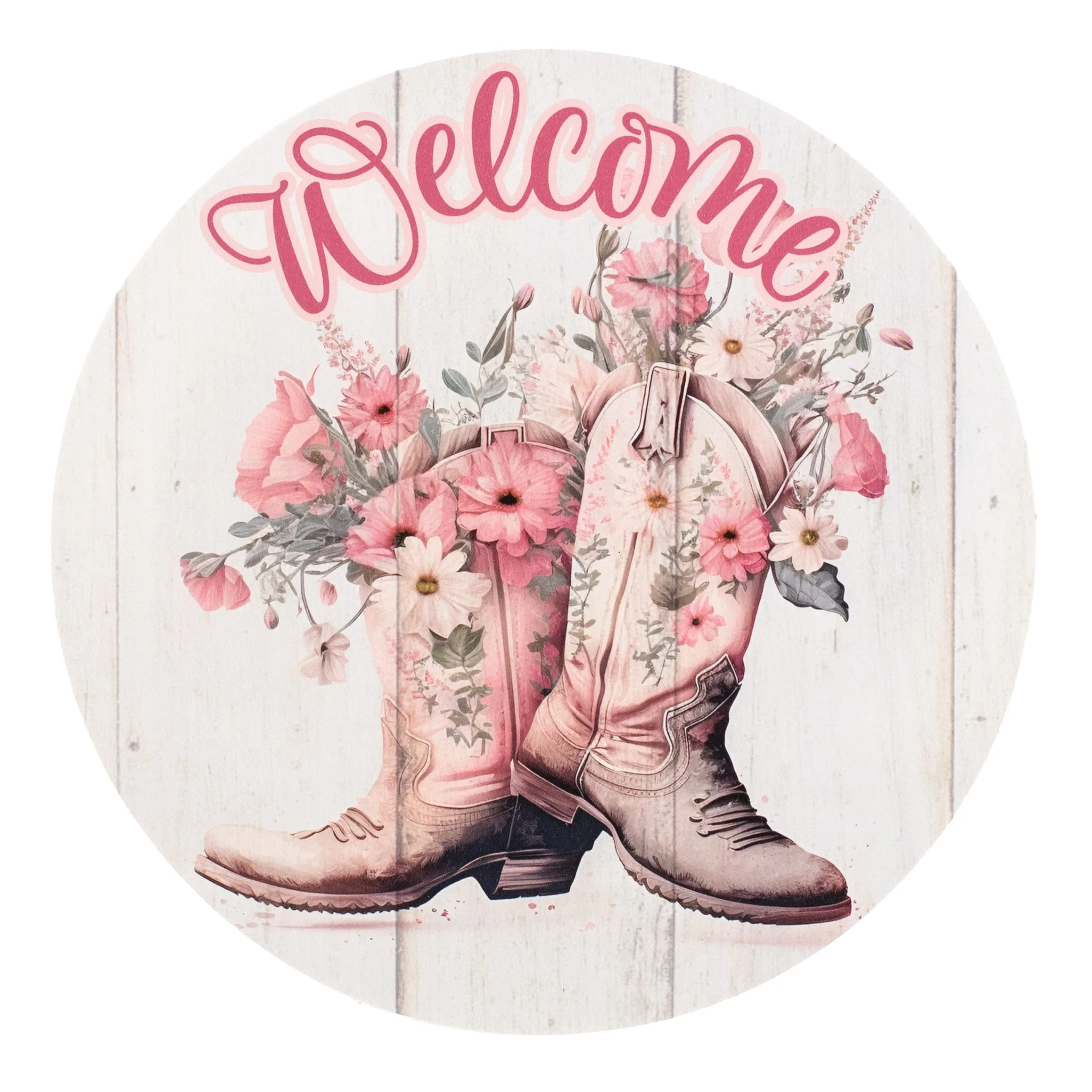 9.4" Round Waterproof Sign: Welcome Pink Floral Cowboy Boots