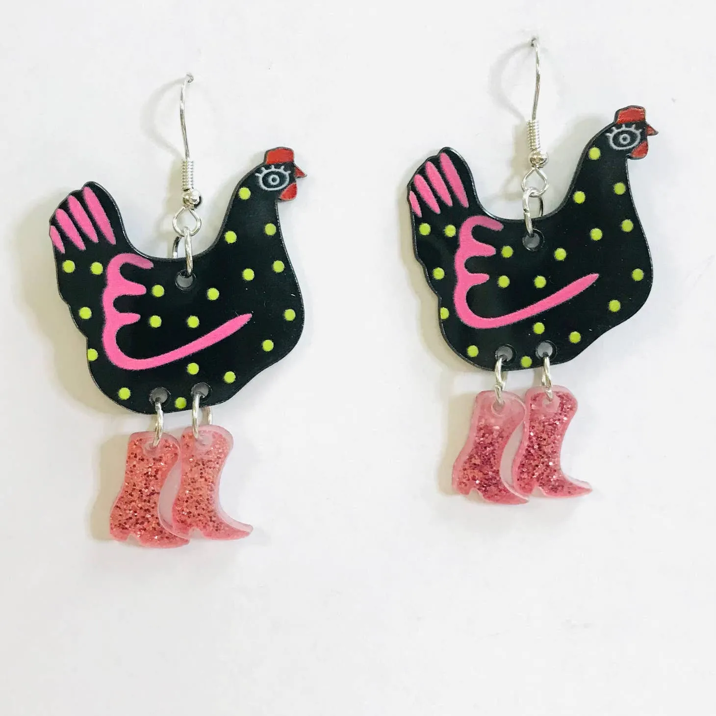 Acrylic Chicken in Boots Dangle Earrings - Black