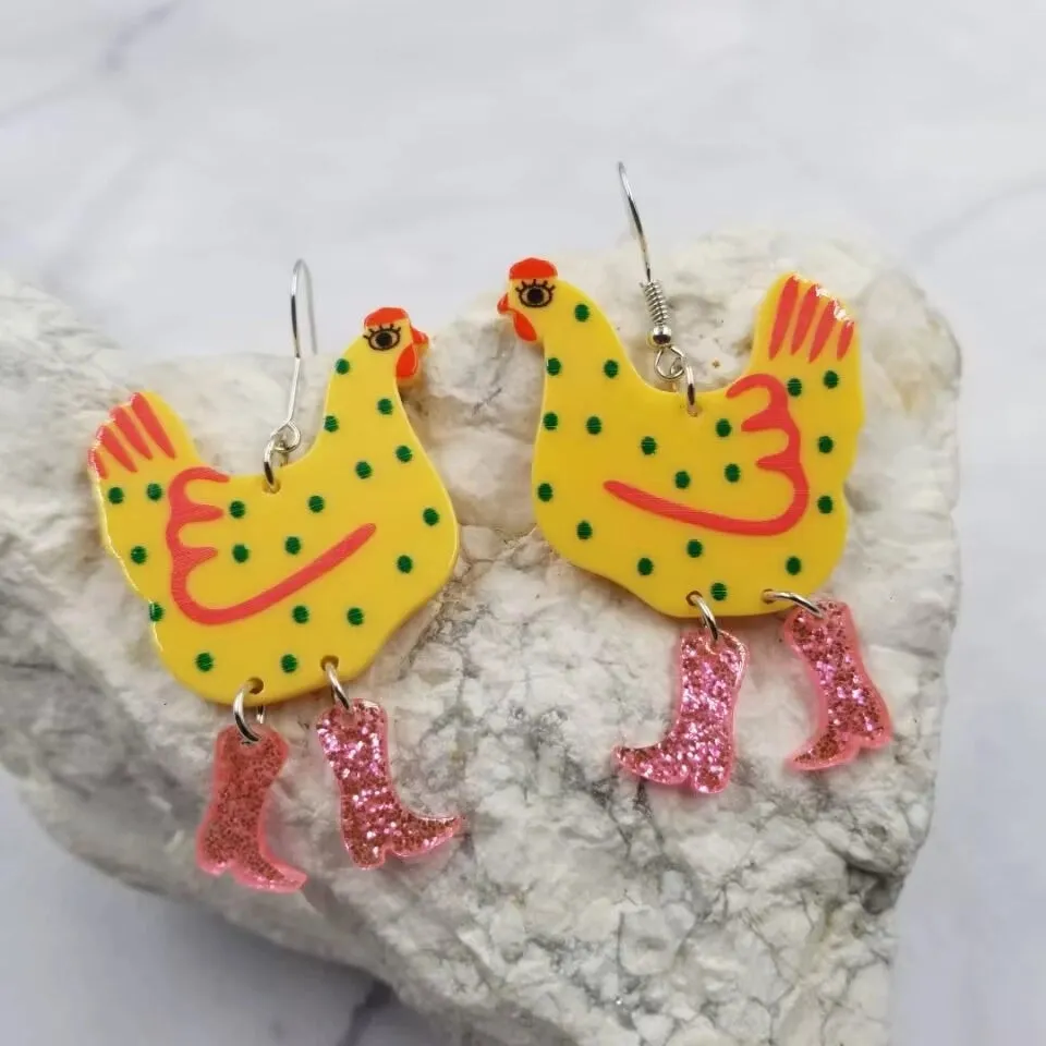 Acrylic Chicken in Boots Dangle Earrings - Yellow