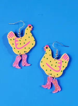 Acrylic Chicken in Boots Dangle Earrings - Yellow