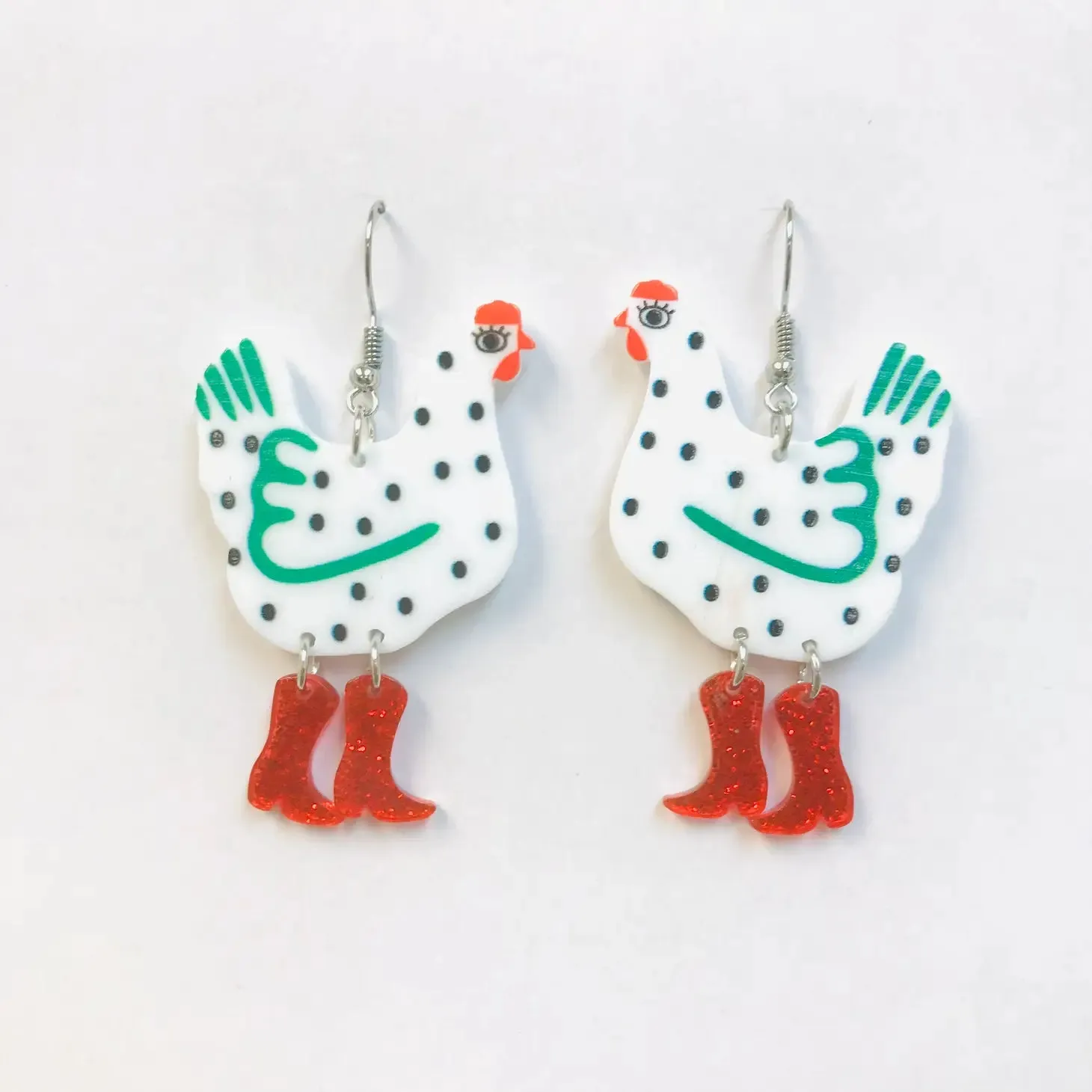 Acrylic Chicken in Boots Dangle Earrings