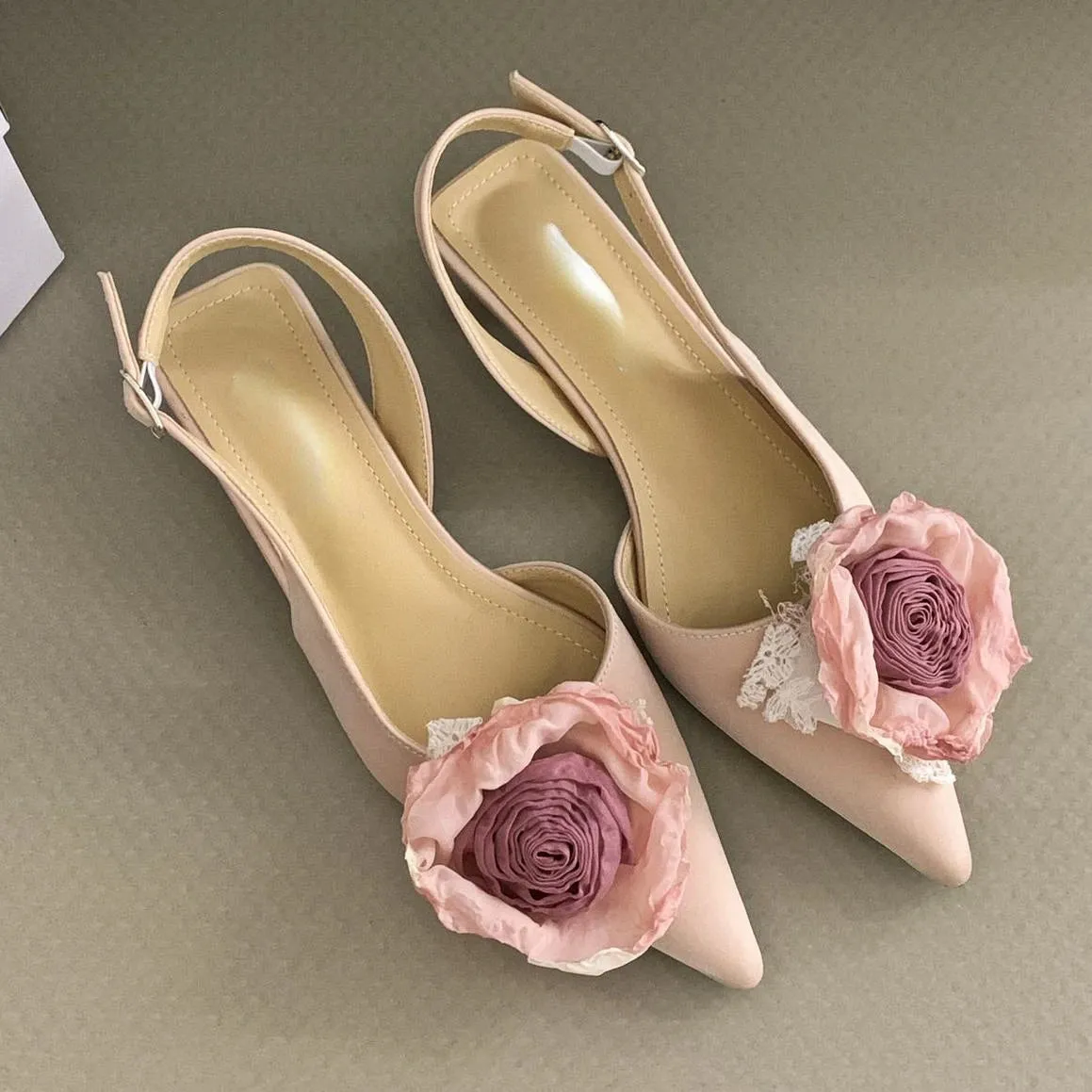 Advbridge  -  Flower Designer Sandals Women Elegant Satin Mule Shoes 2024 Summer Pointed Toe Pumps Low Heel Flowers Slingback Sandals Female