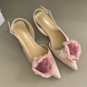 Advbridge  -  Flower Designer Sandals Women Elegant Satin Mule Shoes 2024 Summer Pointed Toe Pumps Low Heel Flowers Slingback Sandals Female