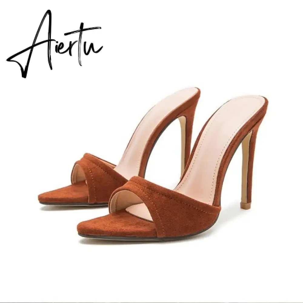 Aiertu Fashion Women Slippers Sexy Pointed toe Strappy Mule High Heels Sandals Slides Party Shoes Woman Pumps Size 35-42