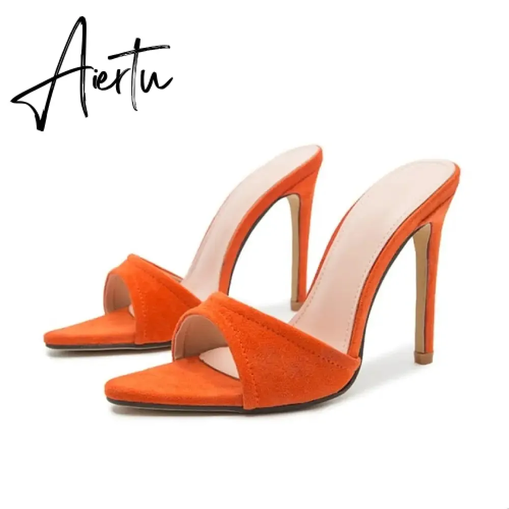 Aiertu Fashion Women Slippers Sexy Pointed toe Strappy Mule High Heels Sandals Slides Party Shoes Woman Pumps Size 35-42