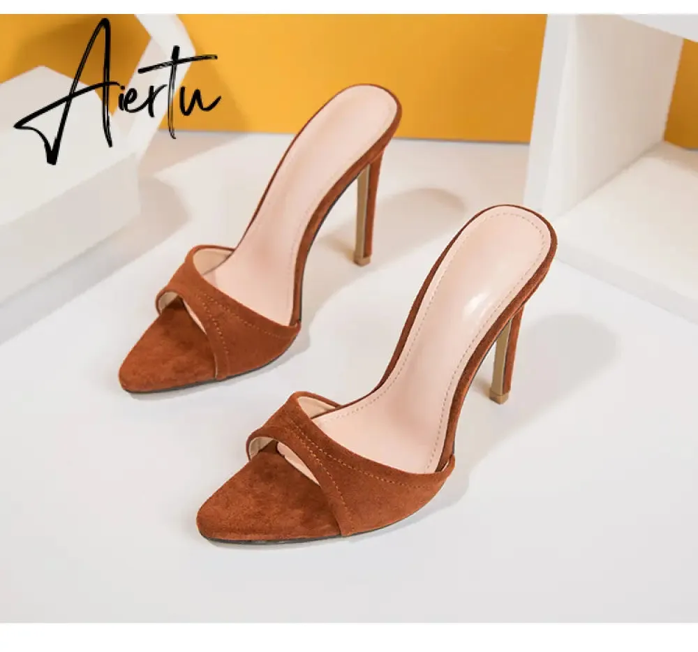 Aiertu Fashion Women Slippers Sexy Pointed toe Strappy Mule High Heels Sandals Slides Party Shoes Woman Pumps Size 35-42