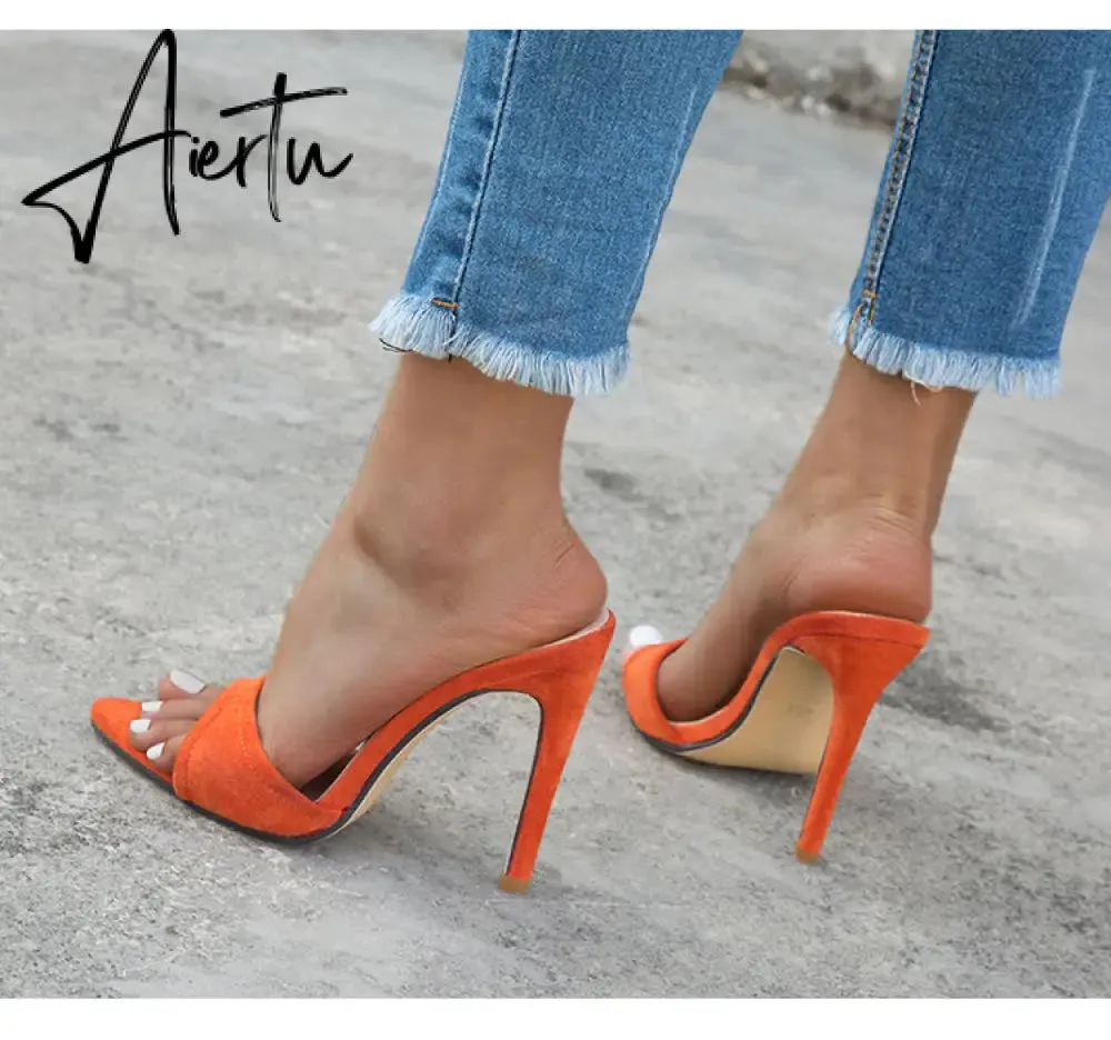 Aiertu Fashion Women Slippers Sexy Pointed toe Strappy Mule High Heels Sandals Slides Party Shoes Woman Pumps Size 35-42