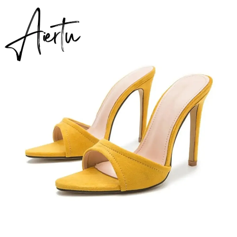 Aiertu Fashion Women Slippers Sexy Pointed toe Strappy Mule High Heels Sandals Slides Party Shoes Woman Pumps Size 35-42