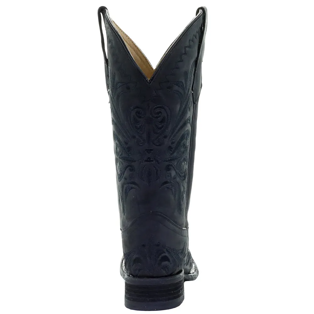 All Black Tooled-Inlay Square Toe Cowboy Boots