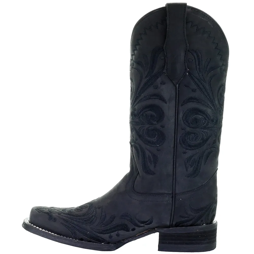 All Black Tooled-Inlay Square Toe Cowboy Boots