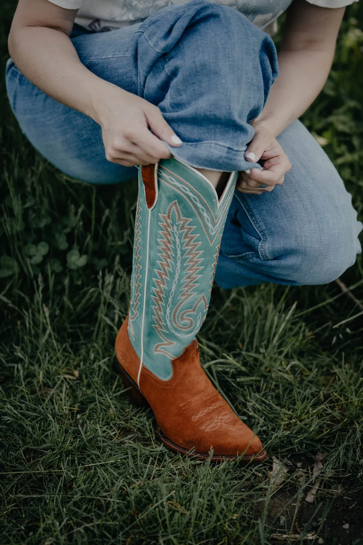 'Ambrose' Women's Penny Suede & Teal Leather Cowboy Boots