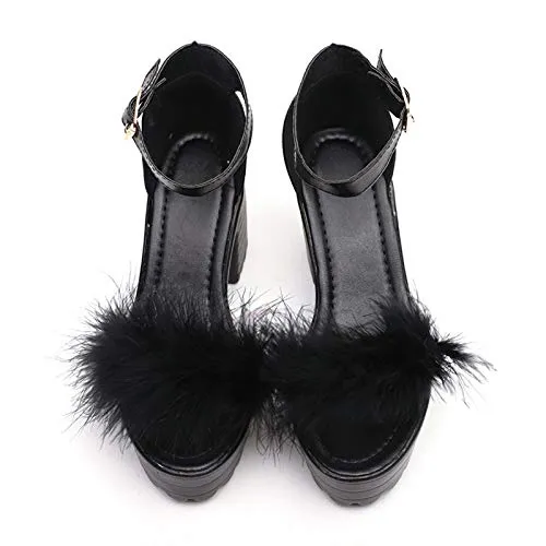 Aniywn Womens Platform Faux Fur Sandals Chunky Heel Open Toe Ankle Strap High Heeled Party Dress Pumps Shoes Black