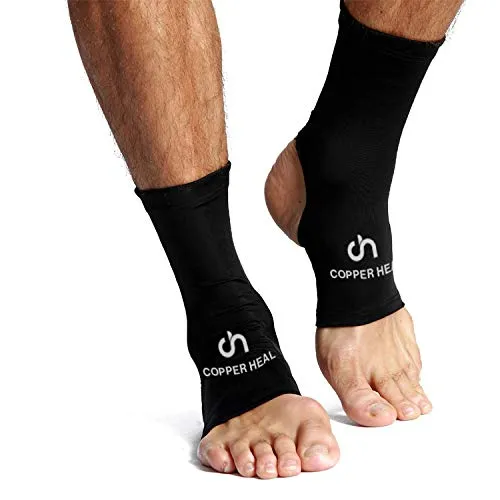 Ankle Compression Sleeve by COPPER HEAL (Pair) Highest Copper Infused Socks Arch Support Foot Swelling Achilles Tendon Joint Pain Plantar Fasciitis Sports Injury (M) M