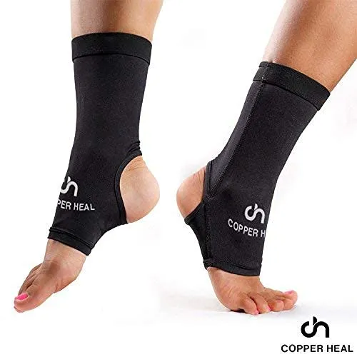 Ankle Compression Sleeve by COPPER HEAL (Pair) Highest Copper Infused Socks Arch Support Foot Swelling Achilles Tendon Joint Pain Plantar Fasciitis Sports Injury (M) M