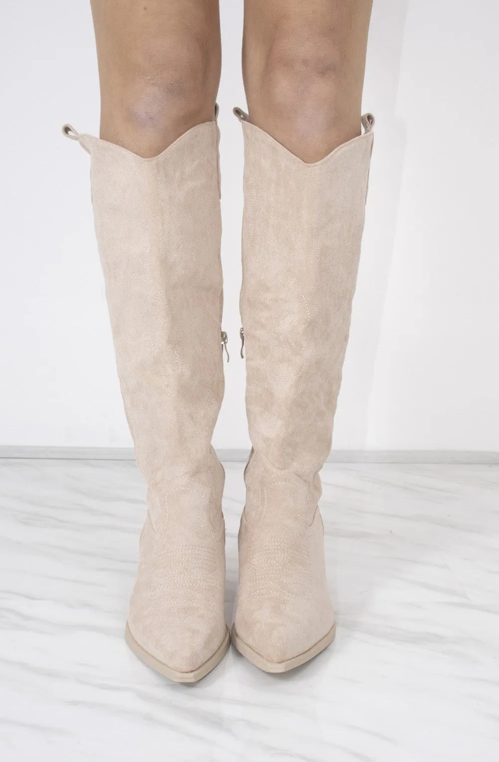 Beige Knee High Embroidery Faux Suede Cowboy Boot