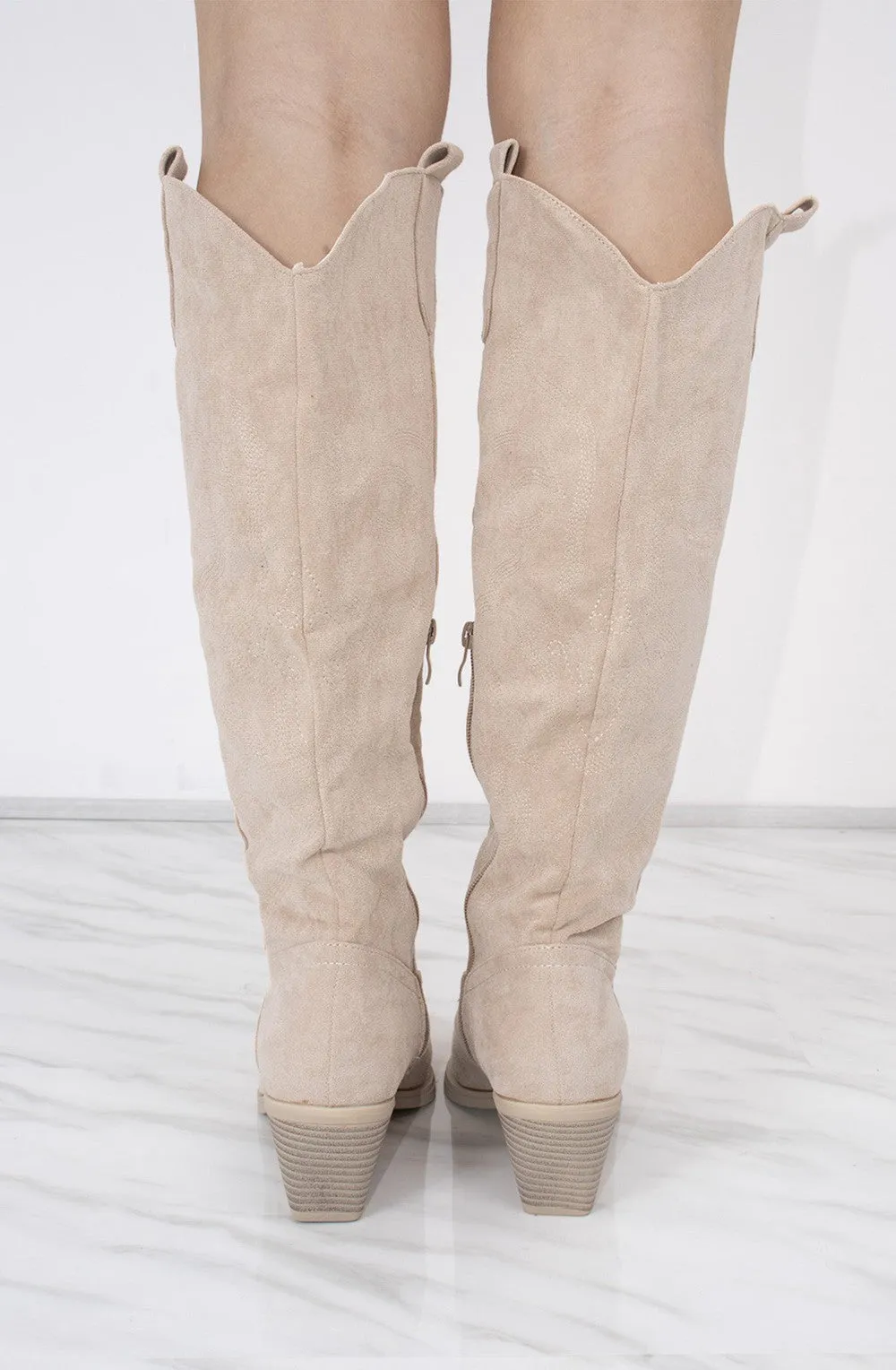 Beige Knee High Embroidery Faux Suede Cowboy Boot