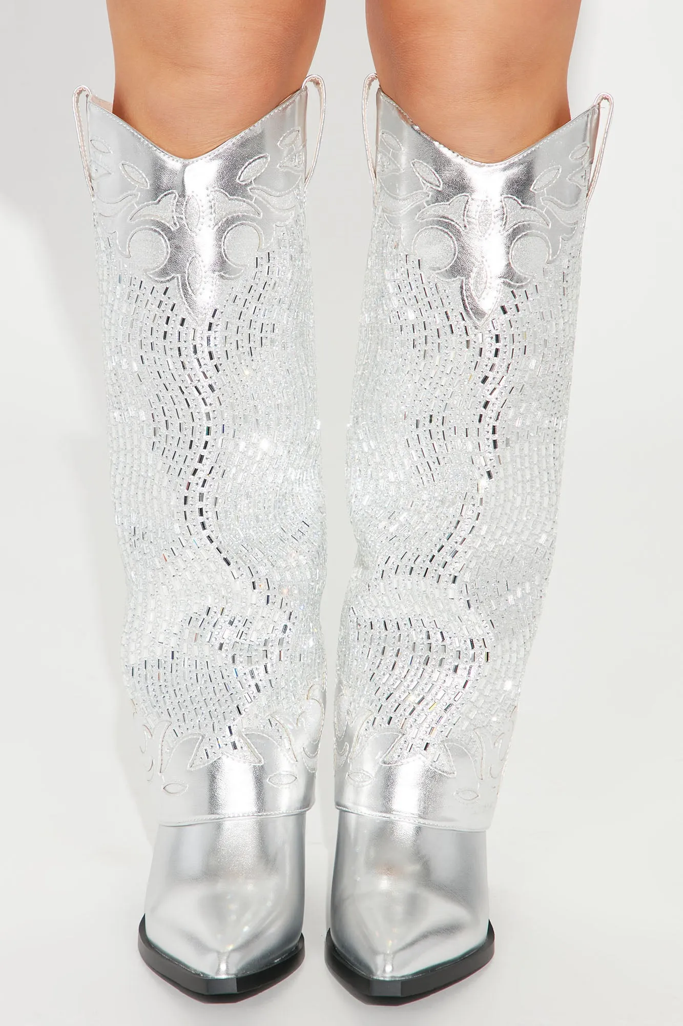 Bella Embellished Cowboy Boots - Silver