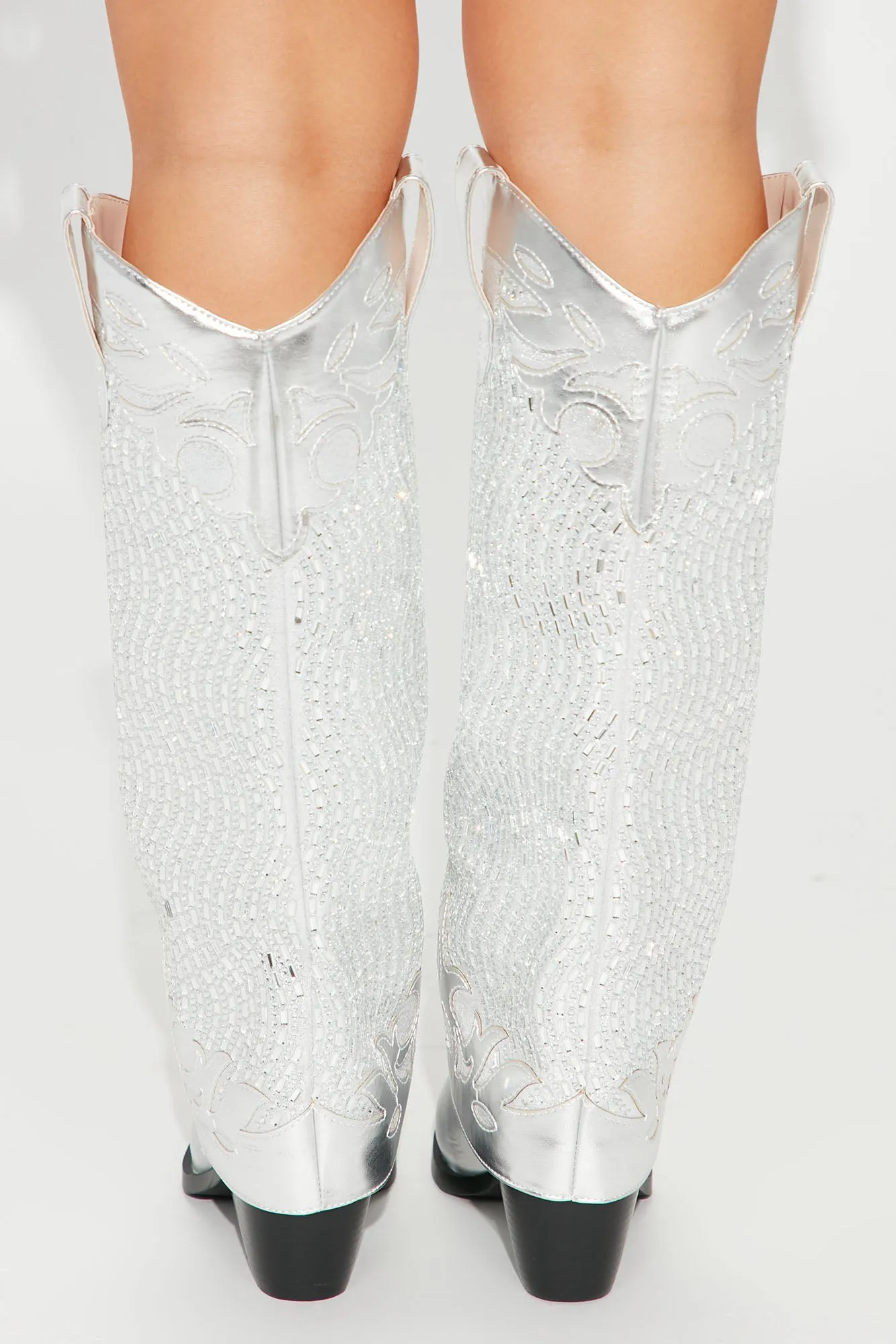 Bella Embellished Cowboy Boots - Silver