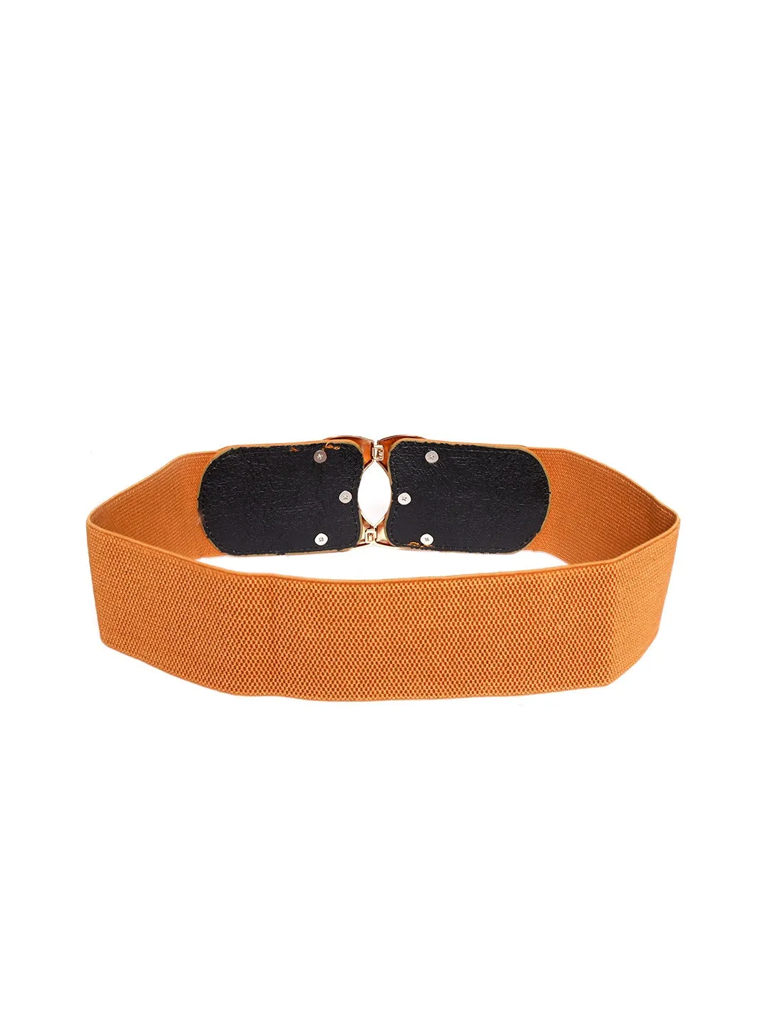 Berrylush Women Tan Brown Elastic Strap Golden Double Buckle Belt