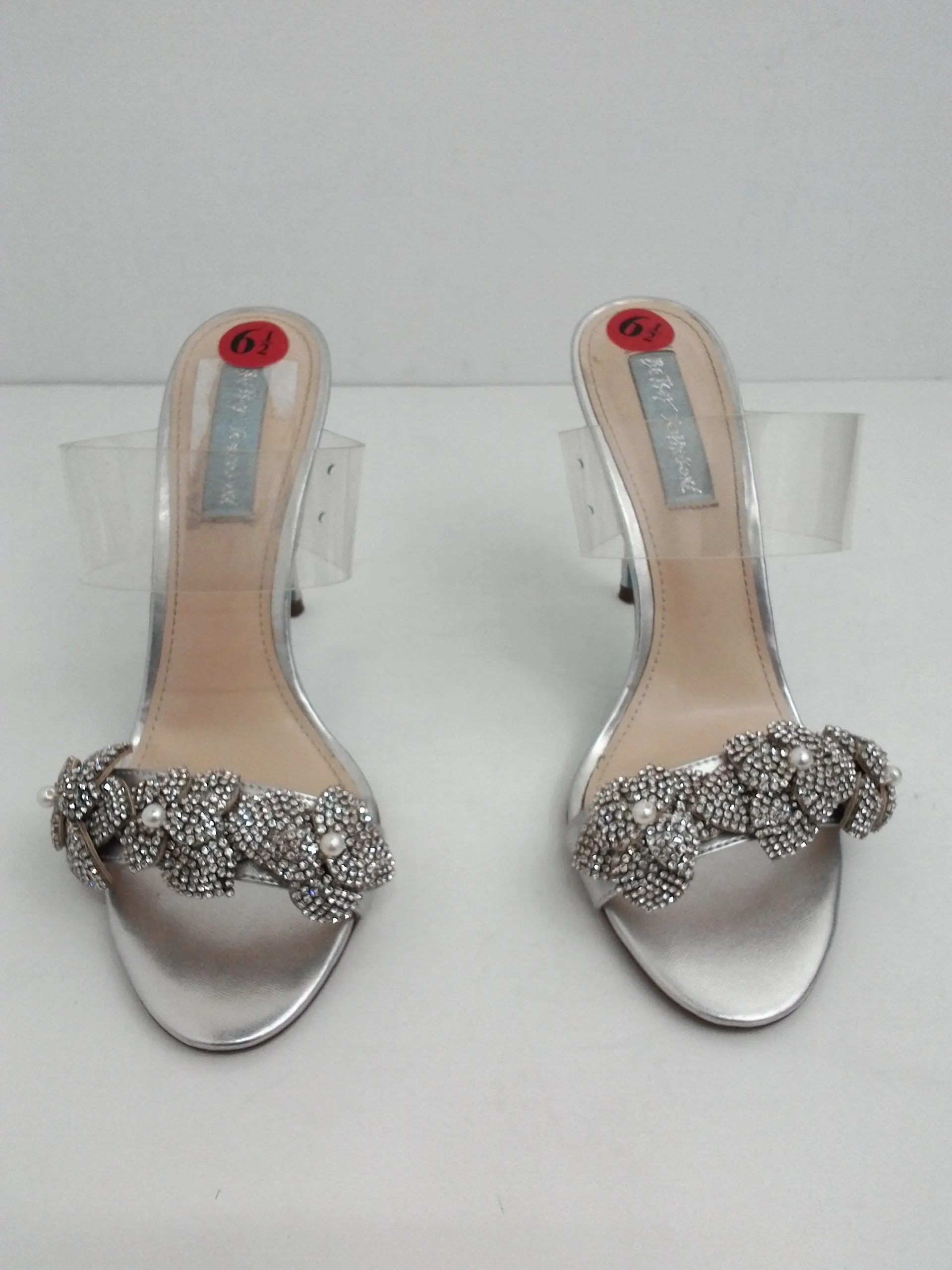 Betsey Johnson Women's Metallic Silver Mule Stiletto and Clear Size 6.5