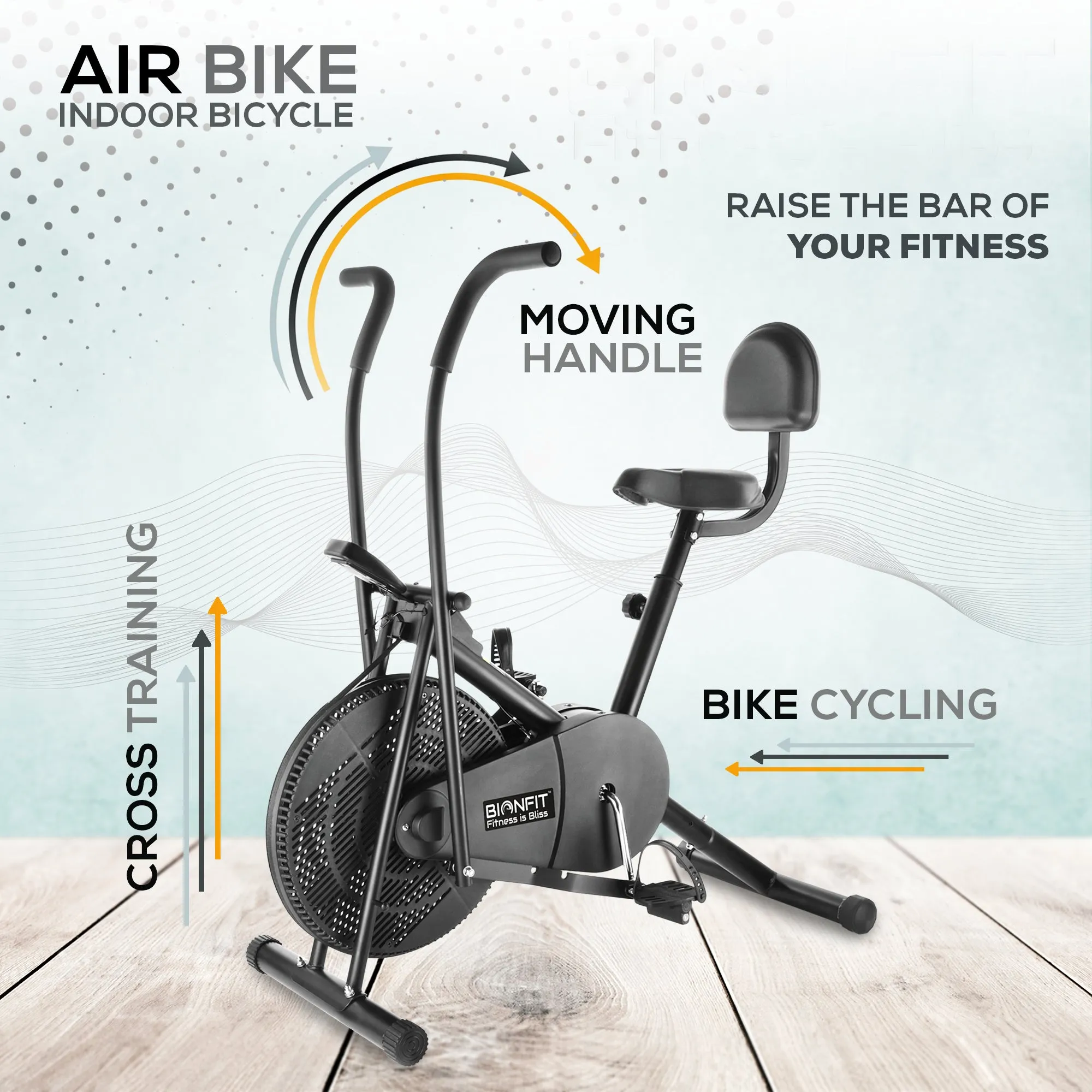 Bionfit ON02M 100kg Weight Capacity Moving Handle Air Bike with Back Support - Low Impact, Full-Body Workout - 2 Year Warranty