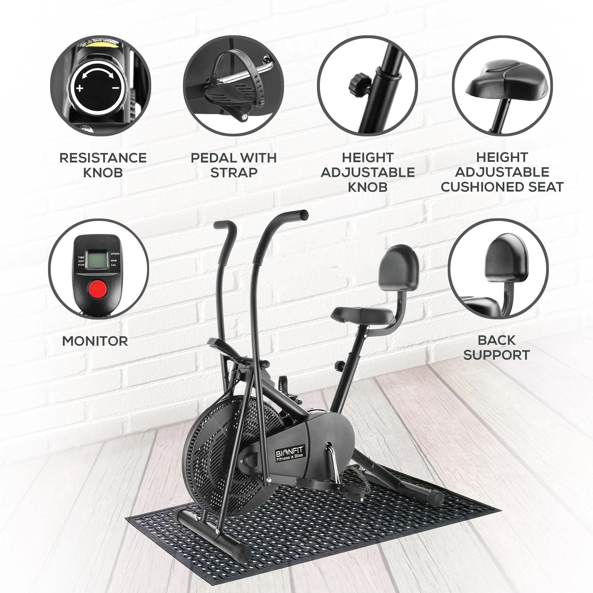 Bionfit ON02M 100kg Weight Capacity Moving Handle Air Bike with Back Support - Low Impact, Full-Body Workout - 2 Year Warranty