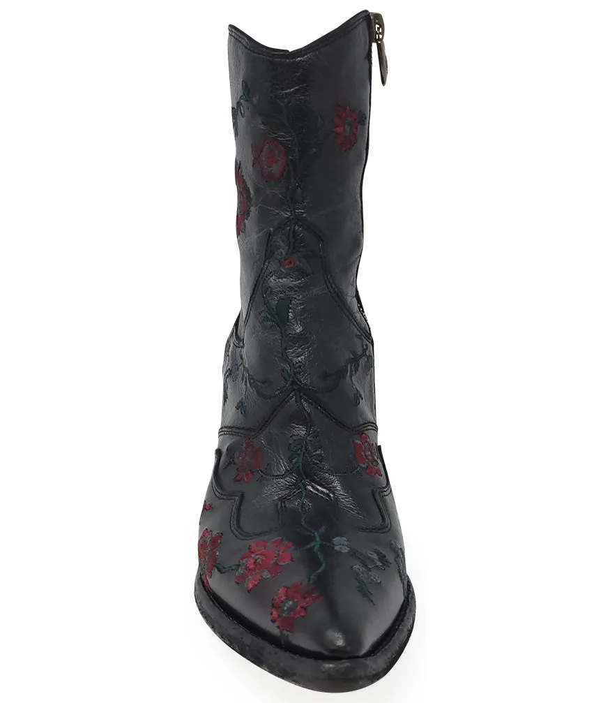 Black Leather Embroidered Ankle Boot