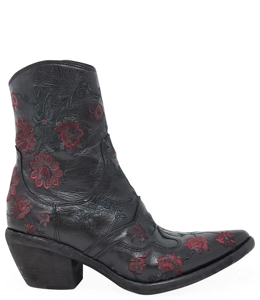 Black Leather Embroidered Ankle Boot