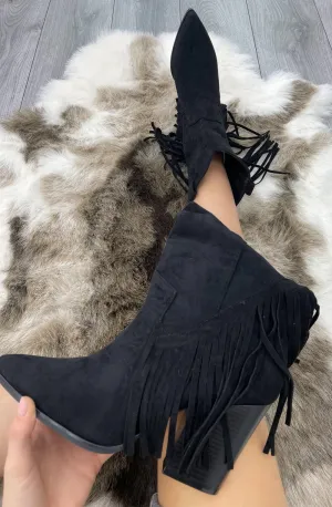 Black Mid Western Faux Suede Fringe Cowboy Boot