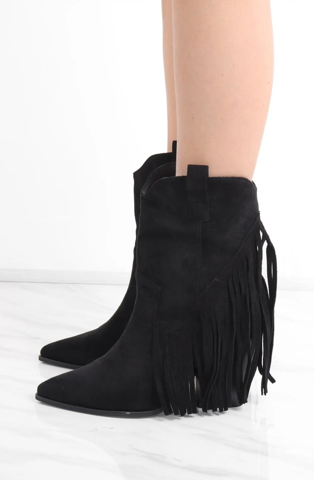 Black Mid Western Faux Suede Fringe Cowboy Boot