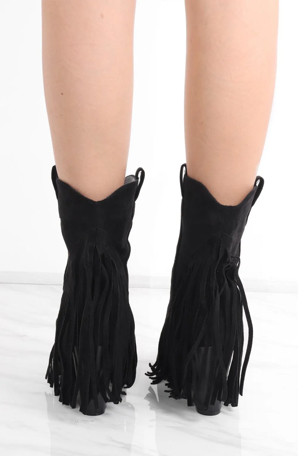 Black Mid Western Faux Suede Fringe Cowboy Boot