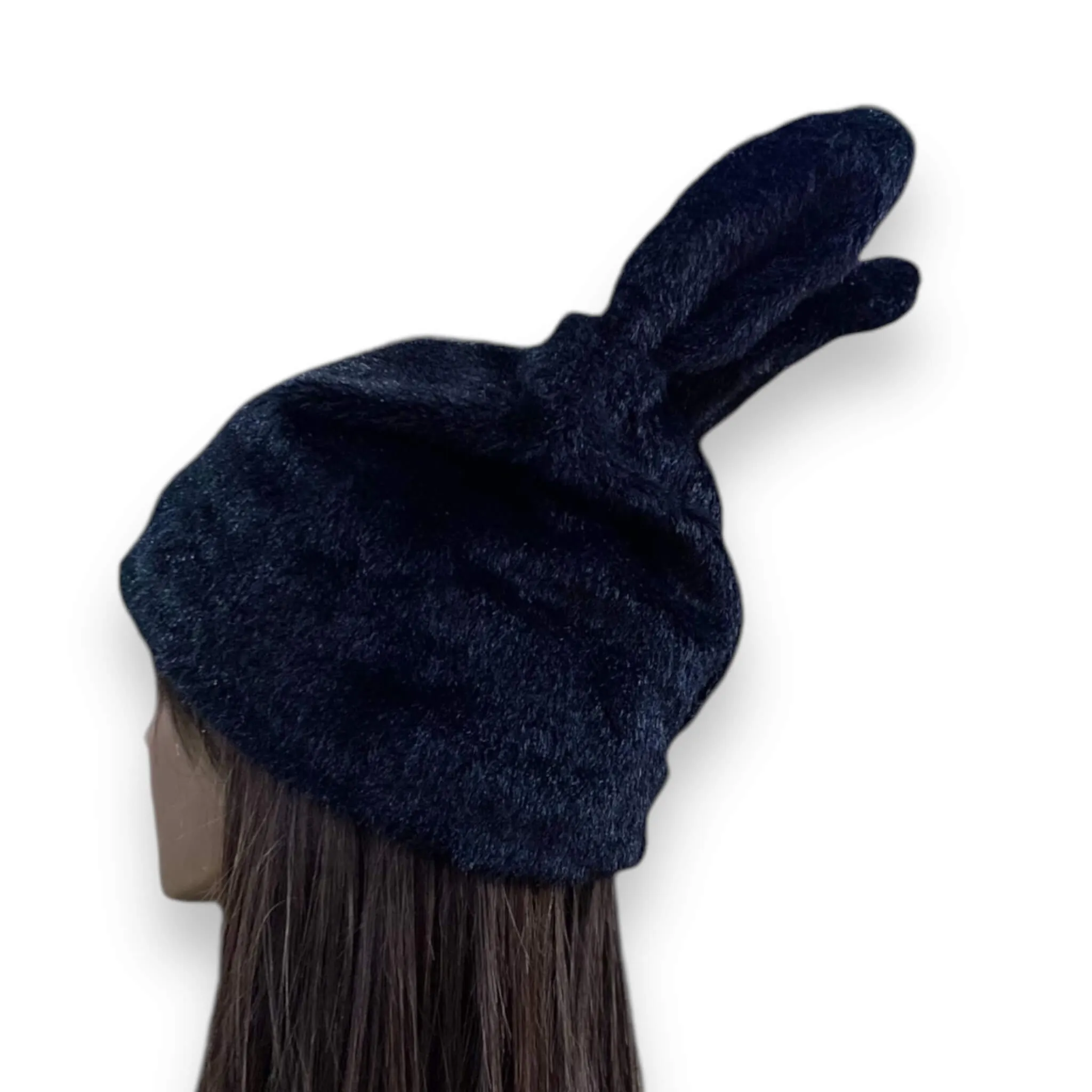 Black Plush Bunny Ear Beanies