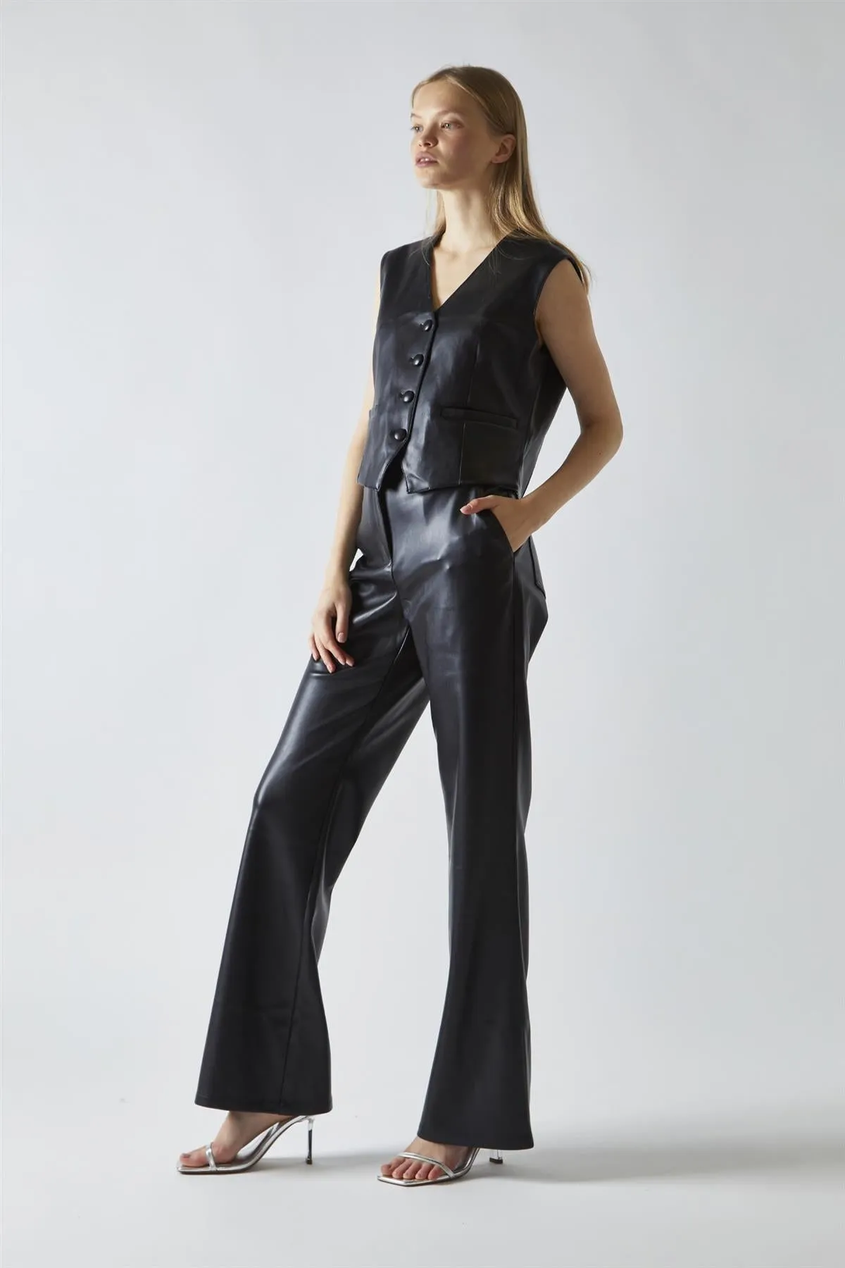 Black-PU Flared-Trousers