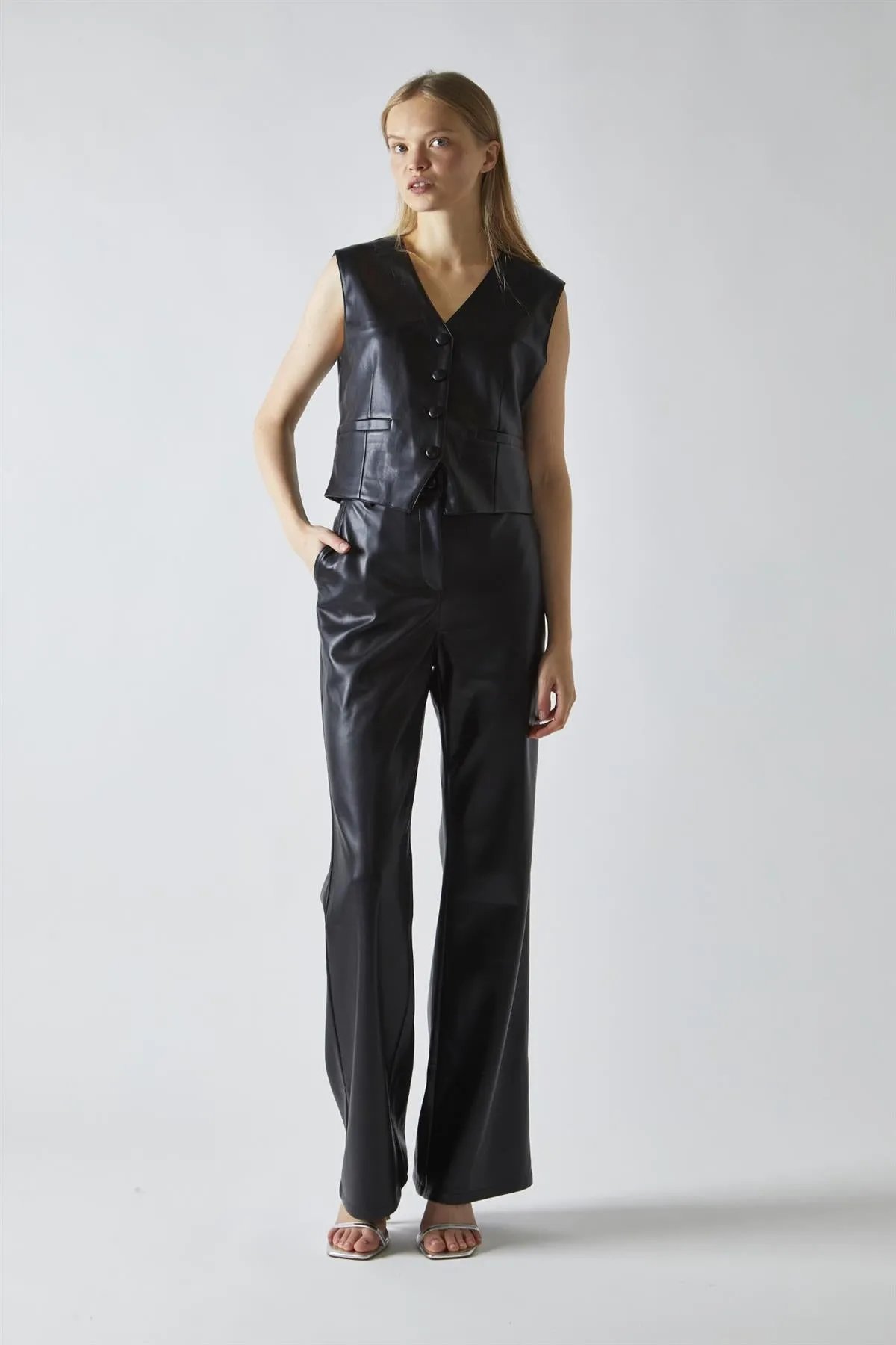 Black-PU Flared-Trousers