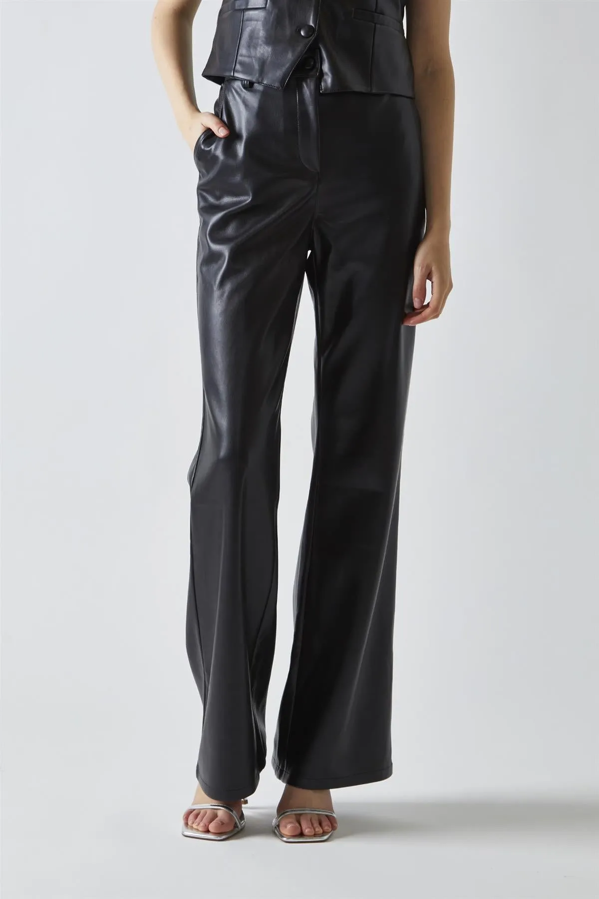 Black-PU Flared-Trousers