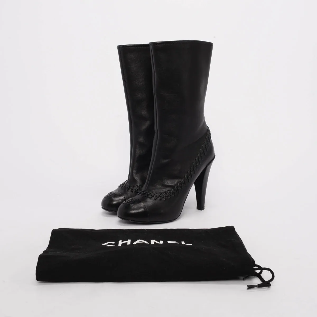 Chanel Black Calfskin CC Whipstitch Boots 37