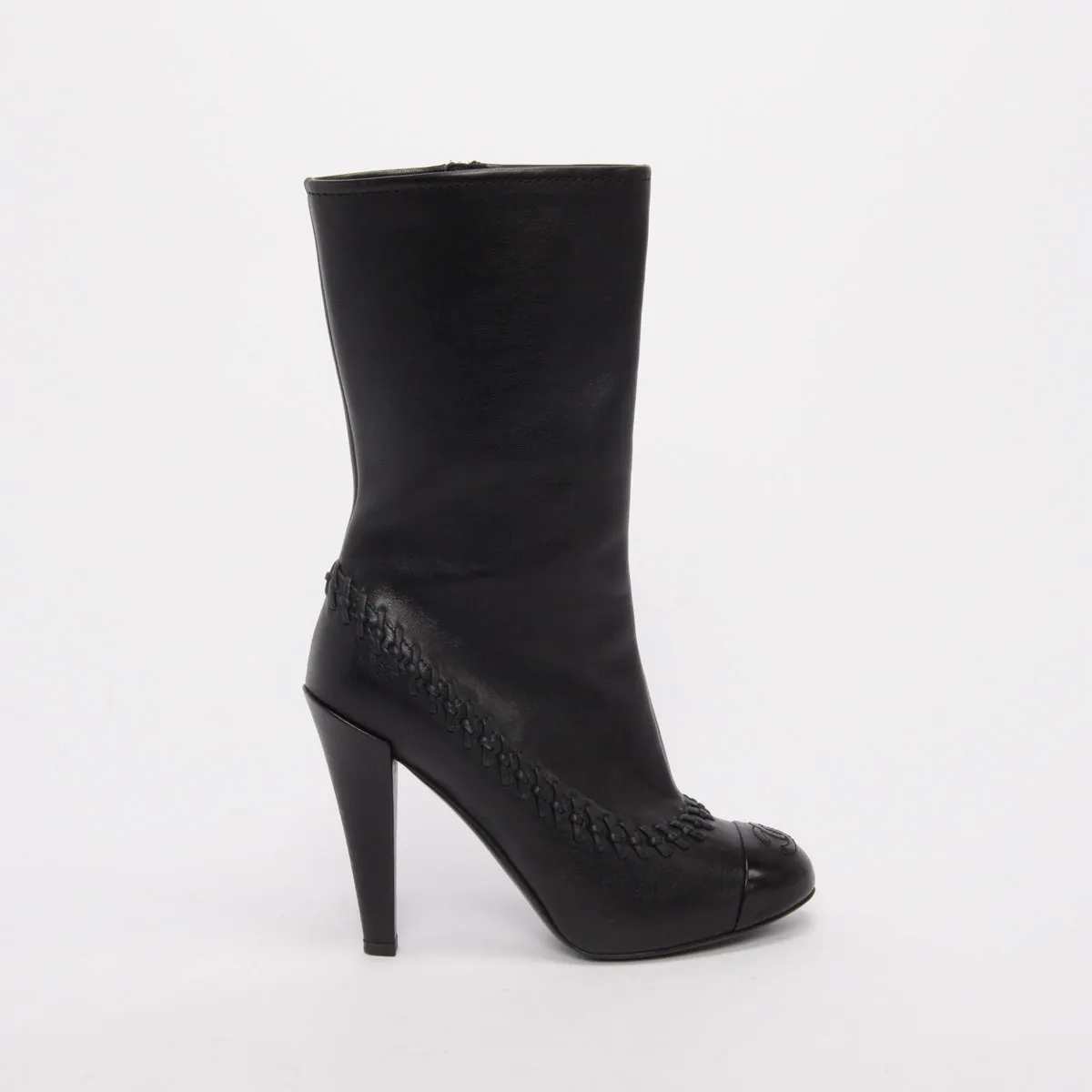 Chanel Black Calfskin CC Whipstitch Boots 37