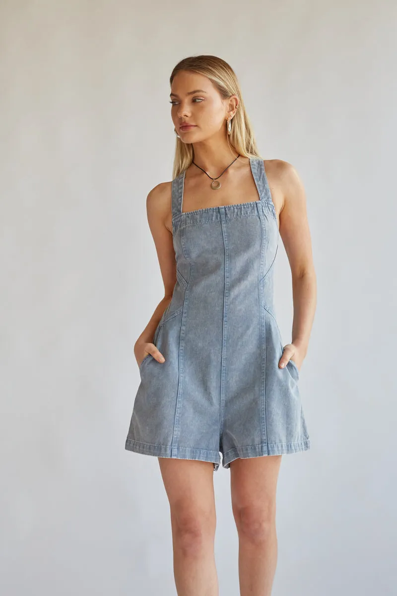 Corey Light Wash Denim Open Back Romper