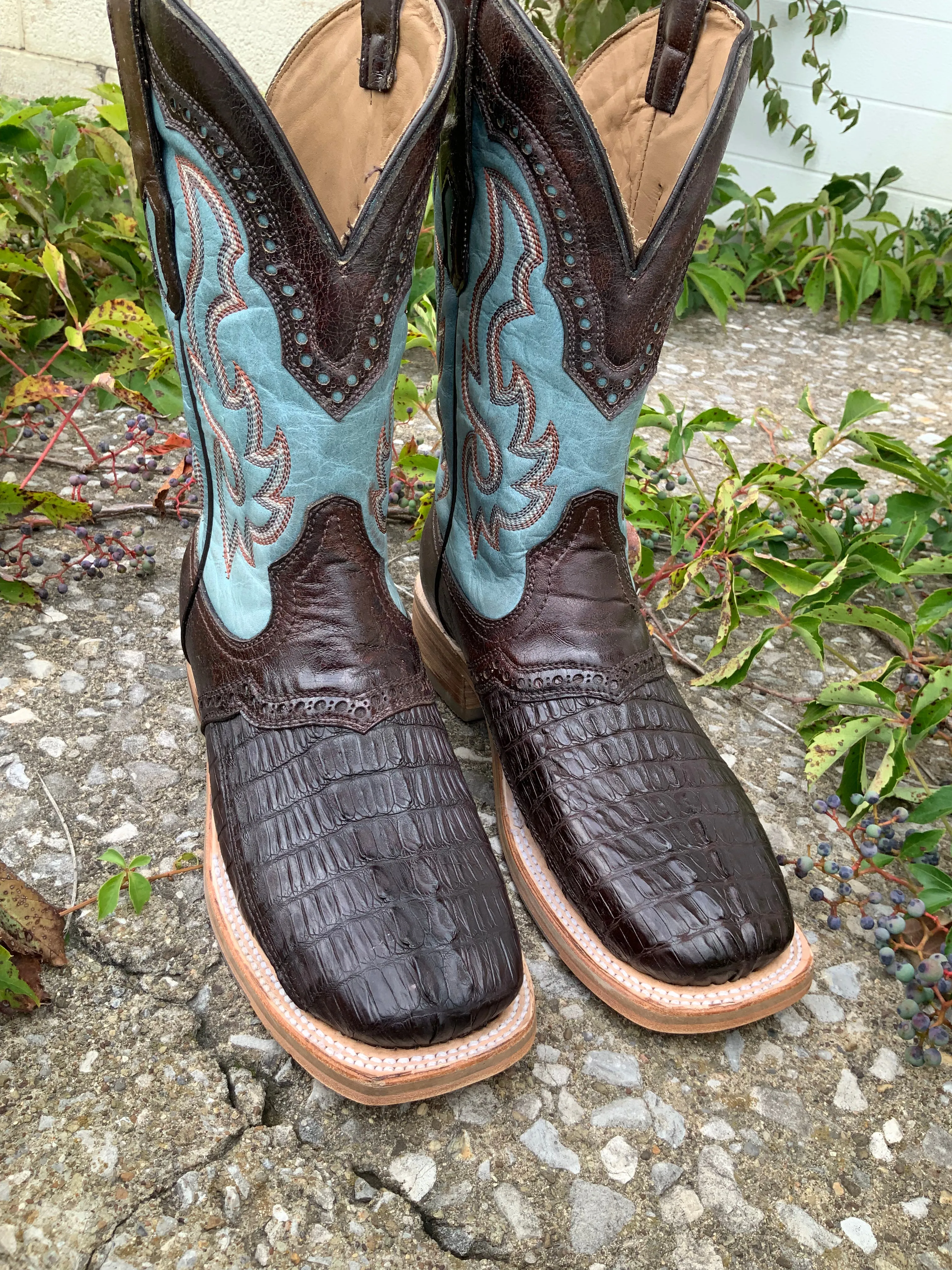 Corral Men's Brown Caiman Overlay Wide Square Toe Cowboy Boots A4286