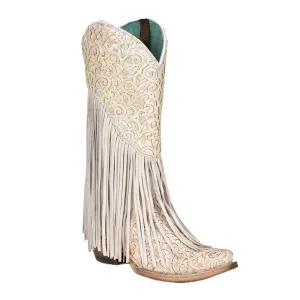 CORRAL WOMEN'S PAISLEY FRINGED WHITE OVERLAY WESTERN BOOTS - C3955