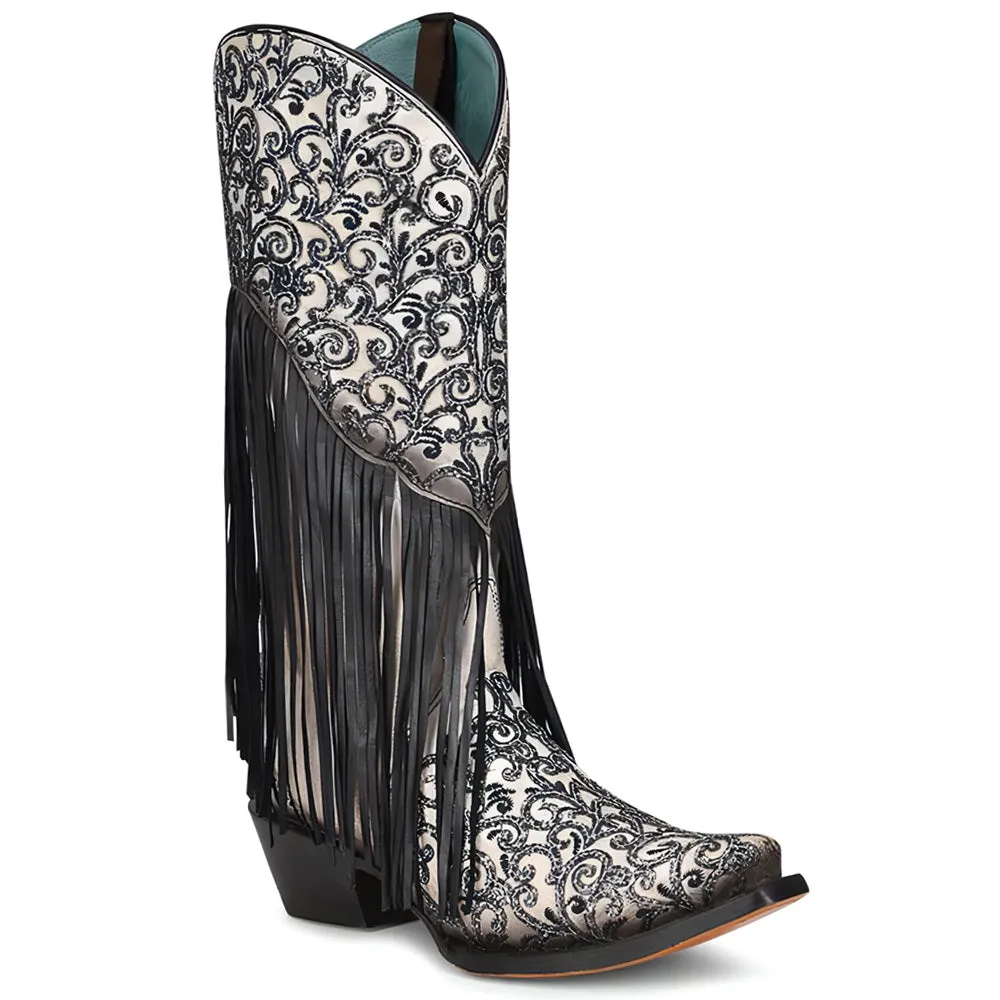 Crater Fringe and Tooled-Inlay Snip Toe Cowboy Boots