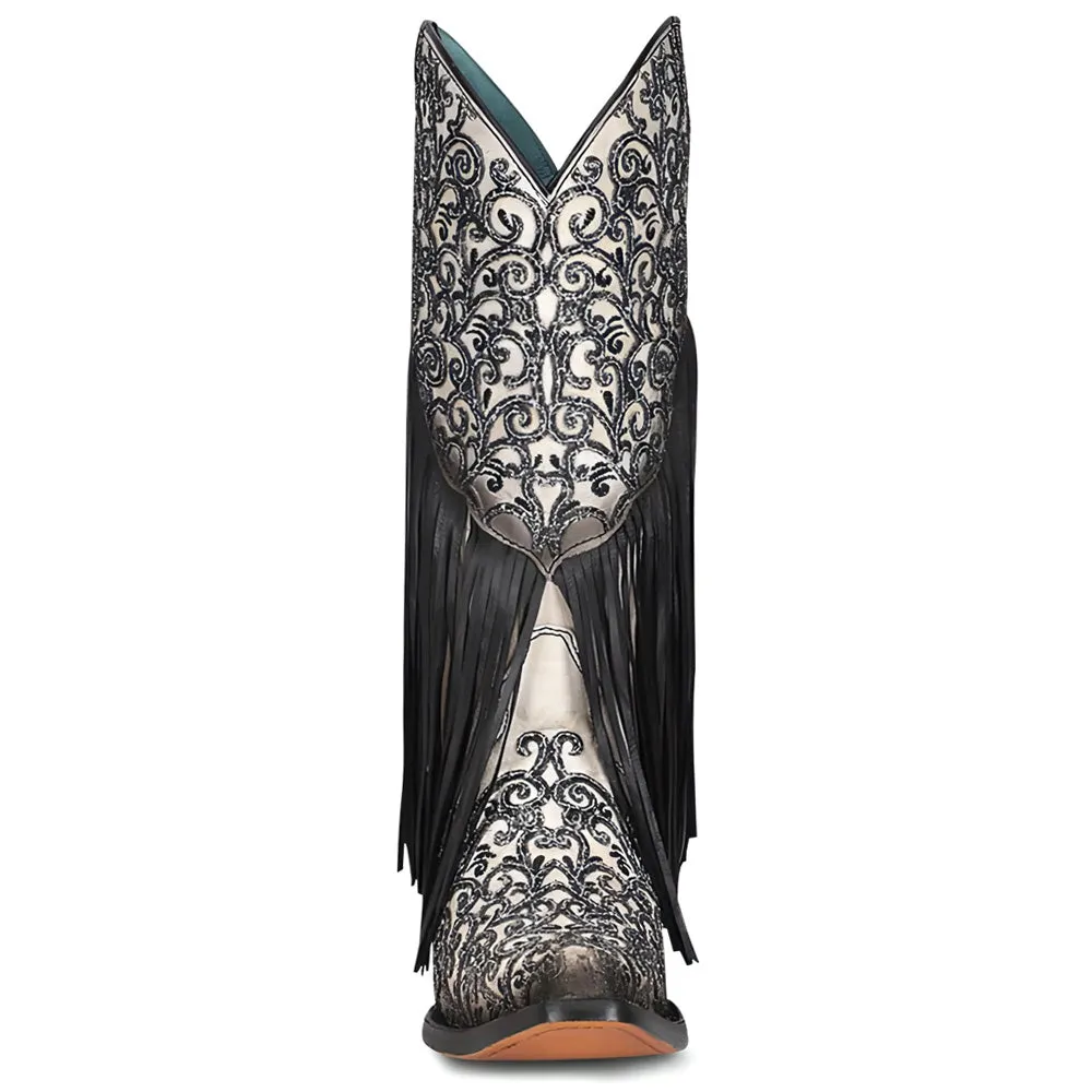 Crater Fringe and Tooled-Inlay Snip Toe Cowboy Boots