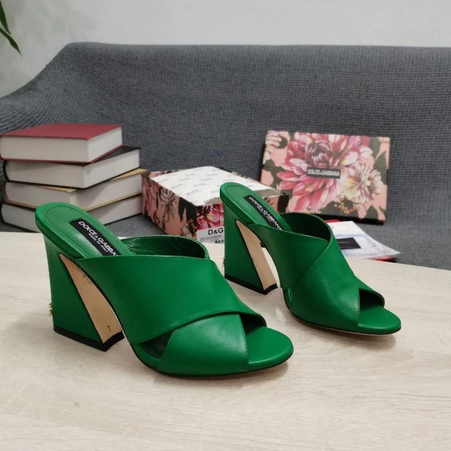 DolGa Satin Mules With Geometric Heel Green For Women DG Shoes