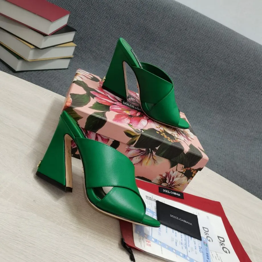 DolGa Satin Mules With Geometric Heel Green For Women DG Shoes