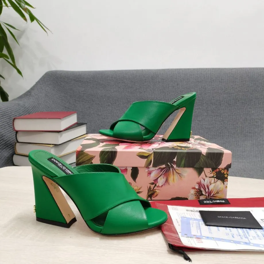 DolGa Satin Mules With Geometric Heel Green For Women DG Shoes